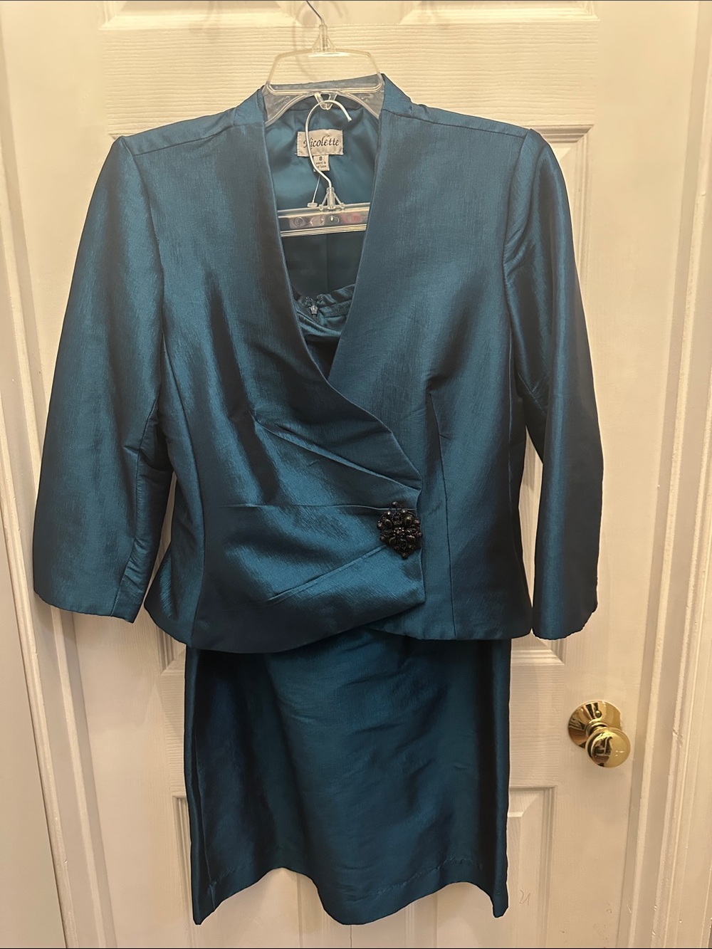 Violette Teal Satin Two-Piece Dress Set with Decorative Brooch Size 8